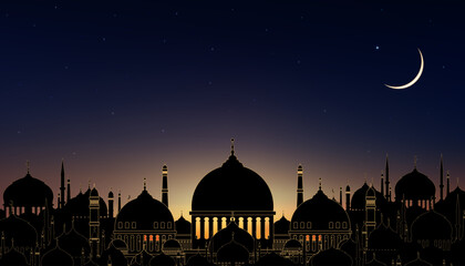 Ramadan Background,Mosque and Crescent moon on night sky, Islamic card with twilight dusk sky for Islamic religion,Eid al Adha,Eid Mubarak,Eid al fitr,Ramadan Kareem,Muharram