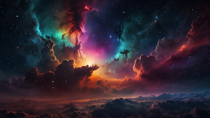 Fototapeta premium Fantasy cloudscape with colorful nebula and stars. 3D rendering