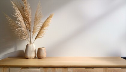 minimal cozy counter mockup design for product presentation background branding in japan style with bright wood counter and warm white wall with pampas grass glass vase kitchen interior 3d render