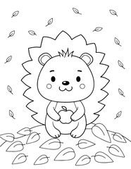 Adorable Hedgehog Holding an Apple with Falling Leaves Around. Autumn-Themed Kids’ Coloring Page, Cute Wildlife, Nature Illustration, Storybook Design, Preschool Learning, Seasonal Creativity, Playful