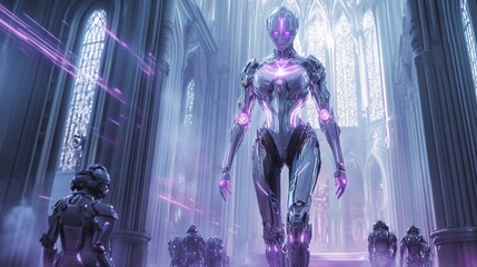 A futuristic robotic humanoid standing in a grand cathedral-like sci-fi hall.