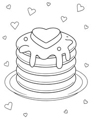 Stack of Pancakes with Butter and Hearts on Top. Valentine’s Day Themed Coloring Page, Fun Kids’ Art, DIY Crafts, Creative Expression, Cute Illustration, Storybook Design, Preschool Learning.