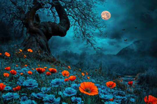 Enchanted Moonlit Forest with Vibrant Flowers