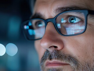 man wearing glasses reflecting computer code