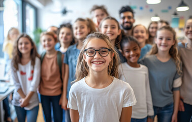 Fototapeta premium Young girl standing in front of her class in school smiling