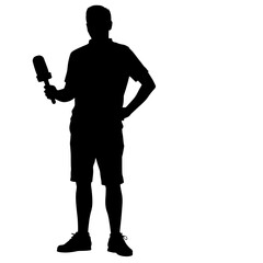 Silhouette of a Podcaster Holding a Microphone, Wearing Casual Clothes, Standing with Hand on Hip. Interviewing, Audio Recording, Social Media Engagement,Journalism, Public Communication. Broadcasting