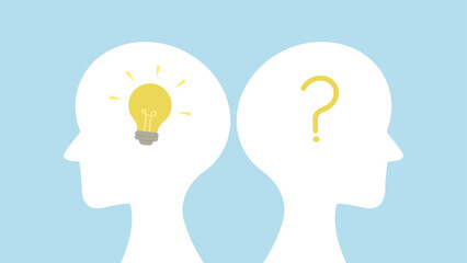 Two white head silhouettes on a blue background, one with a question mark and the other with a light bulb, collaboration between a person asking a question and another person with the answer