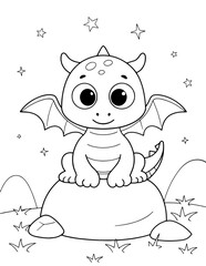 Cute Cartoon Dragon Sitting on a Rock with Stars and Hills, Black,White Coloring Page. Children’s Activity, Fantasy Illustration, Mythical Creatures, Creative Learning, Imaginative Drawing for Kids