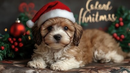 Festive Puppy in Santa Hat, Christmas Decor