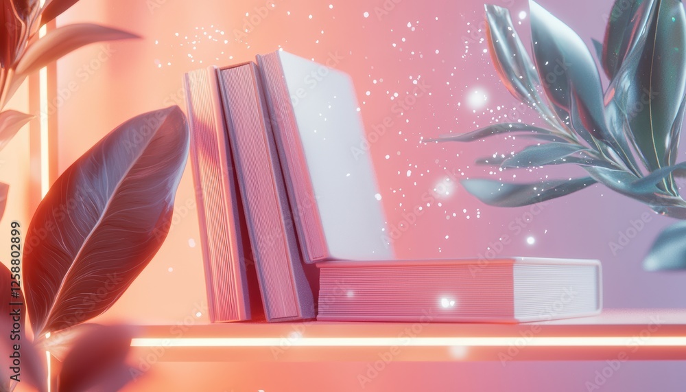 Poster a serene display of colorful books on a shelf, surrounded by soft lighting and green leaves, creatin