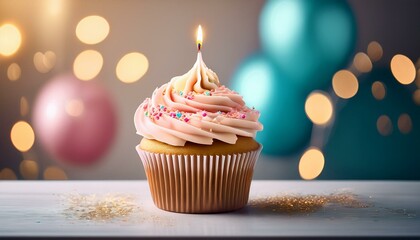delicious birthday cupcake on table on light background