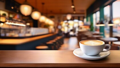 blurred background of coffee shop with a cup of coffee in the foreground