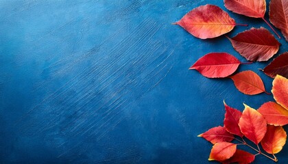 autumn background with colored red leaves on blue slate background top view copy space ai generated