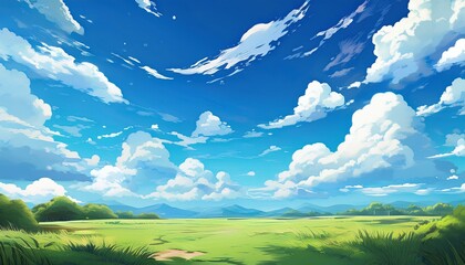 anime beautiful blue sky white clouds sky background wide landscape backdrop cartoon style generated ai