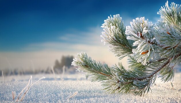 winter scene with pine branch covered in frost