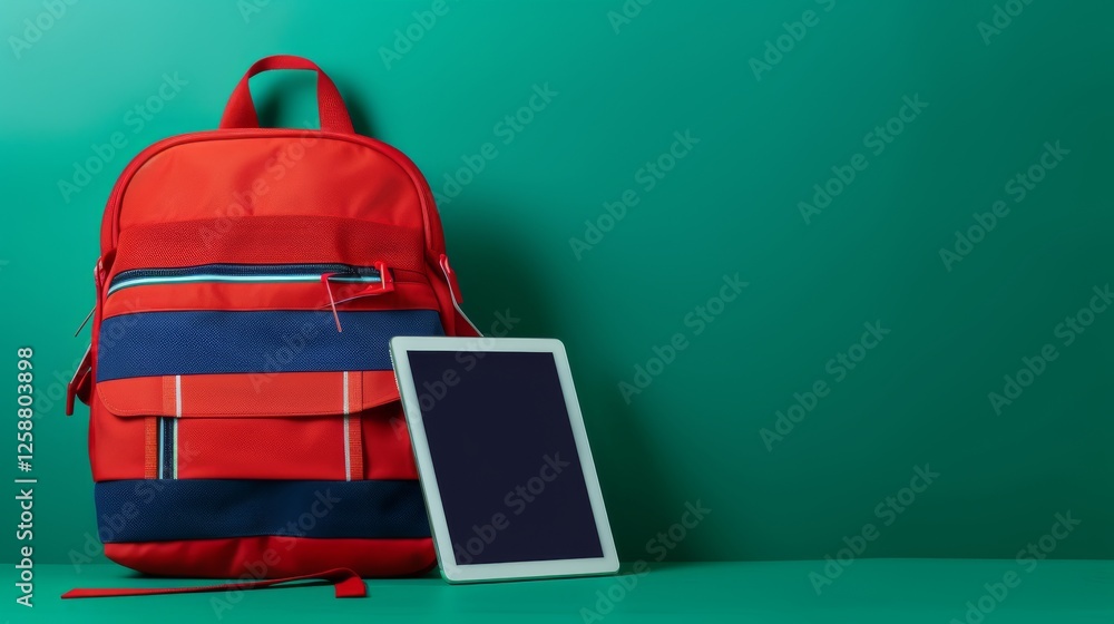Poster a bold red backpack paired with a sleek tablet on a green surface, creating a striking composition t