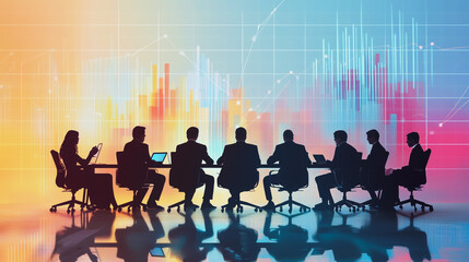 Professional business team working on a project together in the office Using innovation economic growth charts and network connections to accompany the data. in analyzing future trends