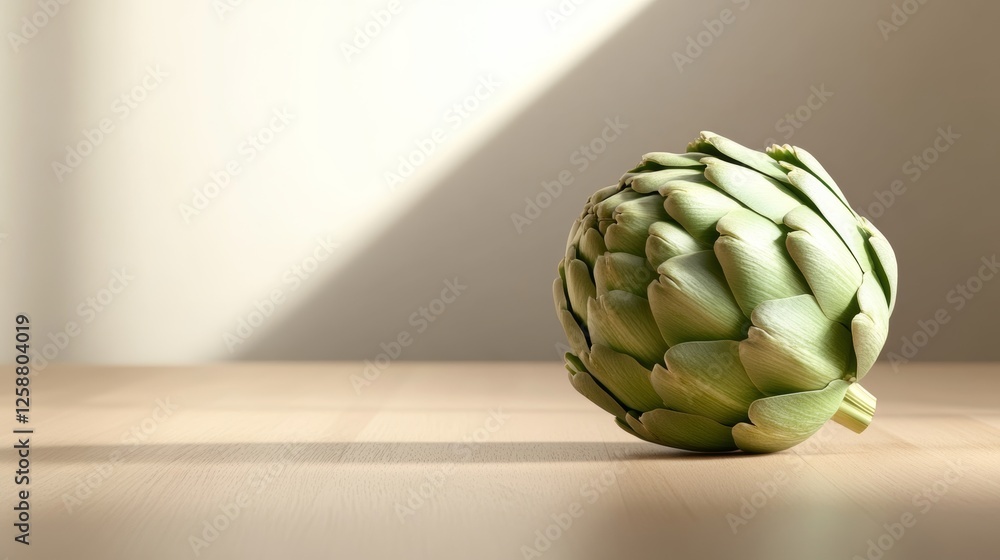Poster unique artichoke resting on a wooden surface with soft light creating gentle shadows in the backgrou