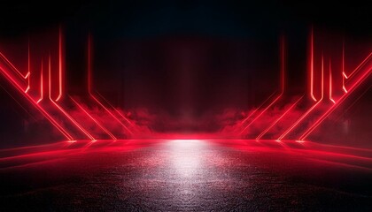 empty show scene background reflection of a dark street on wet asphalt rays of red neon light in the dark neon shapes smoke abstract dark background