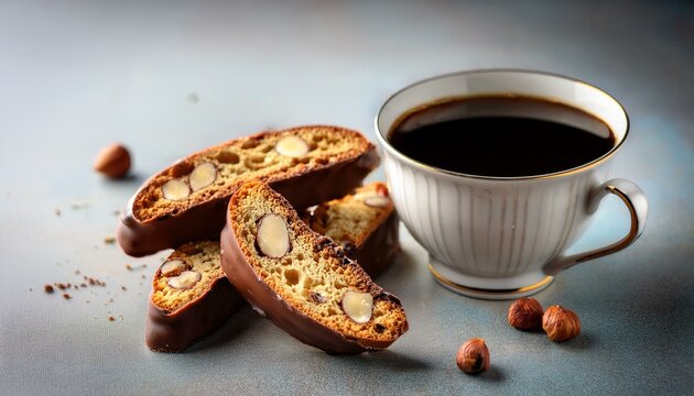 chocolate dipped hazelnut biscotti with a mug of black coffee