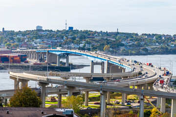 An aerial view from Fort Howe towards the Saint John Harbor Bridge at Saint John, New Brunswick in the fall