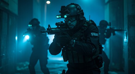 Fototapeta premium Swat team in action during night operation. Tactical police unit advancing in dark hallway with weapons drawn. Special forces training or mission simulation.