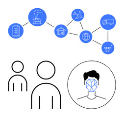 Factory, warehouse, globe, airplane, truck, cart icons connected by lines. Two linear human figures and facial recognition graphic. Ideal for supply chains, logistics AI biometrics workflows