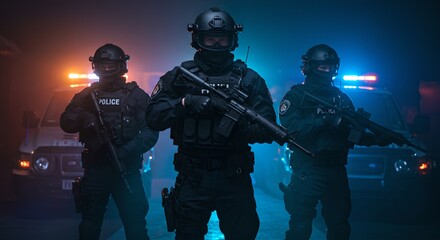 Swat team members in tactical gear with weapons. Night operation scene with police lights. Law enforcement, emergency response, and urban security concept.