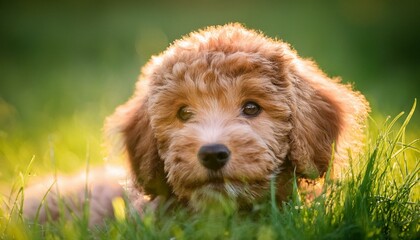 a labradoodle puppy in grass