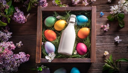 colorful eggs and a bottle surrounded by spring flowers in a rustic wooden box