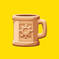 An modern image of a beige mug with intricate carvings. The background is a vibrant yellow color, adding depth and contrast.
