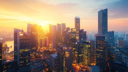 Obraz premium Golden hour cityscape skyline at sunrise.