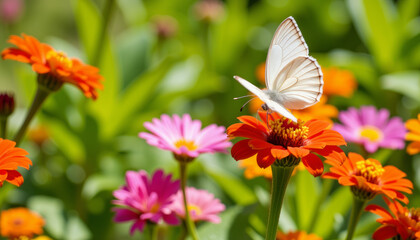 Butterfly resting on colorful flowers in lush garden, nature appreciation