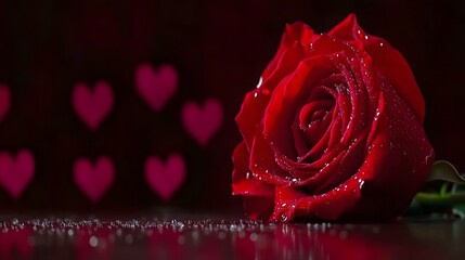 Romantic Red Rose with Dew Drops and Hearts Background