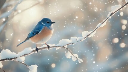 Small bluebird perched on a snow-covered branch, with soft bokeh in the background.