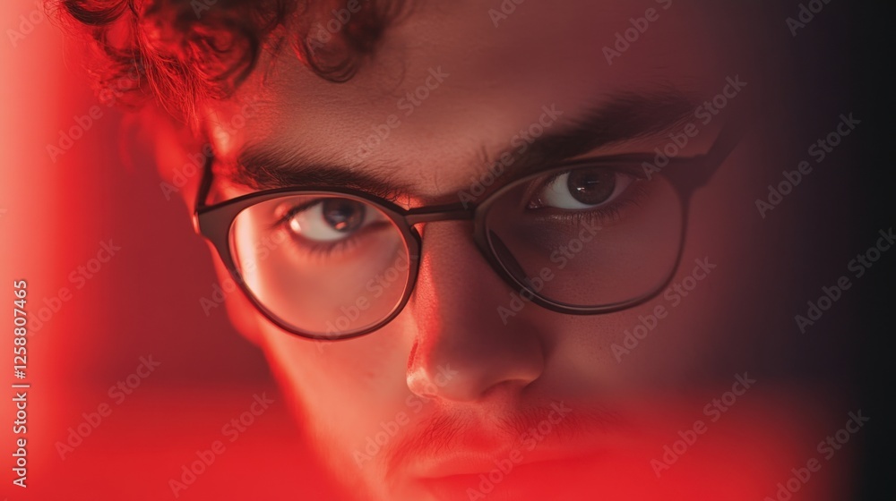 Wall mural man with glasses looking at viewer in red light