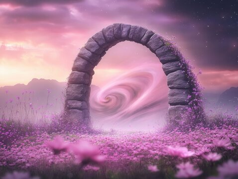 Mystical stone portal leading to a swirling pink galaxy, surrounded by vibrant flowers in a dreamlike setting.