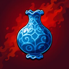 An ornate image of a blue vase with a textured surface. The background is a fiery red color, adding depth and contrast.