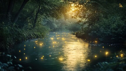 Naklejka premium A magical river with glowing fireflies reflecting on the water at twilight, surrounded by lush greenery.