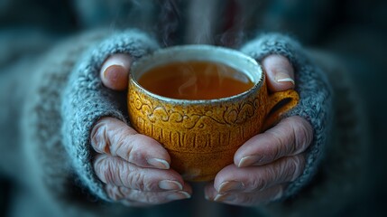 An Elderly Person's Tender Hands Gently Holding a Warm Cup of Tea in a Serene Atmosphere
