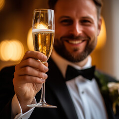 Smiling Groom Holding Champagne Glass at Wedding Reception
