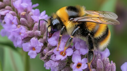 Buzzing bee collecting nectar from vibrant purple flowers in a garden setting