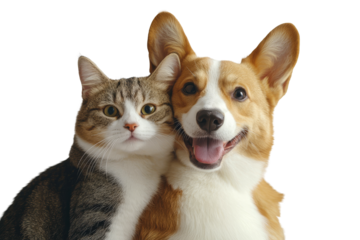 Corgi dog and tabby cat together, happy and smiling side by side isolated on transparent background
