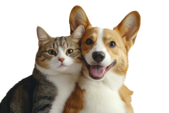 Corgi dog and tabby cat together, happy and smiling side by side isolated on transparent background