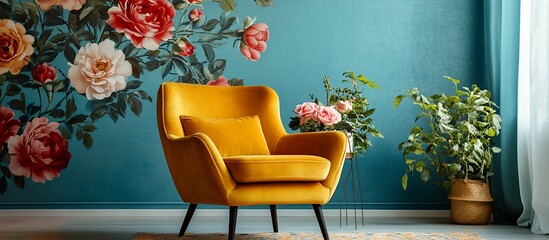 Cozy living room featuring a yellow armchair against a floral mural with plants nearby