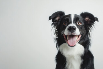 A funny and cheerful dog in black and white, highlighted on a white background. Care concept, animal life, health, exhibition. Isolated. Copy space for ad