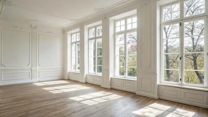 Fototapeta premium bright airy room with white walls and wooden flooring 