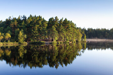 Swedish archipelago landscape with sun flooded forest mirrored in a lake