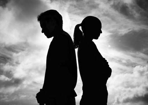 Man woman argument standing with back facing each other. people argument, and disagreement concept.	 - Powered by Adobe