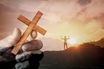 Strength in religious belief. Hand holding cross, Woman on mountain top overcoming hardship life...